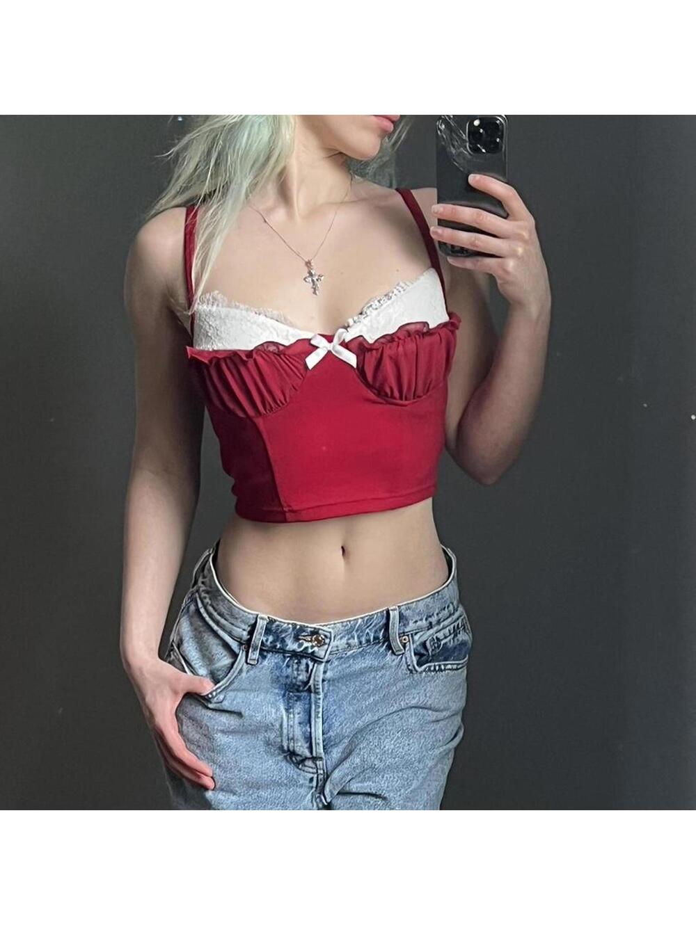 Red lacey coquette going out tank top - Picture 2 of 5